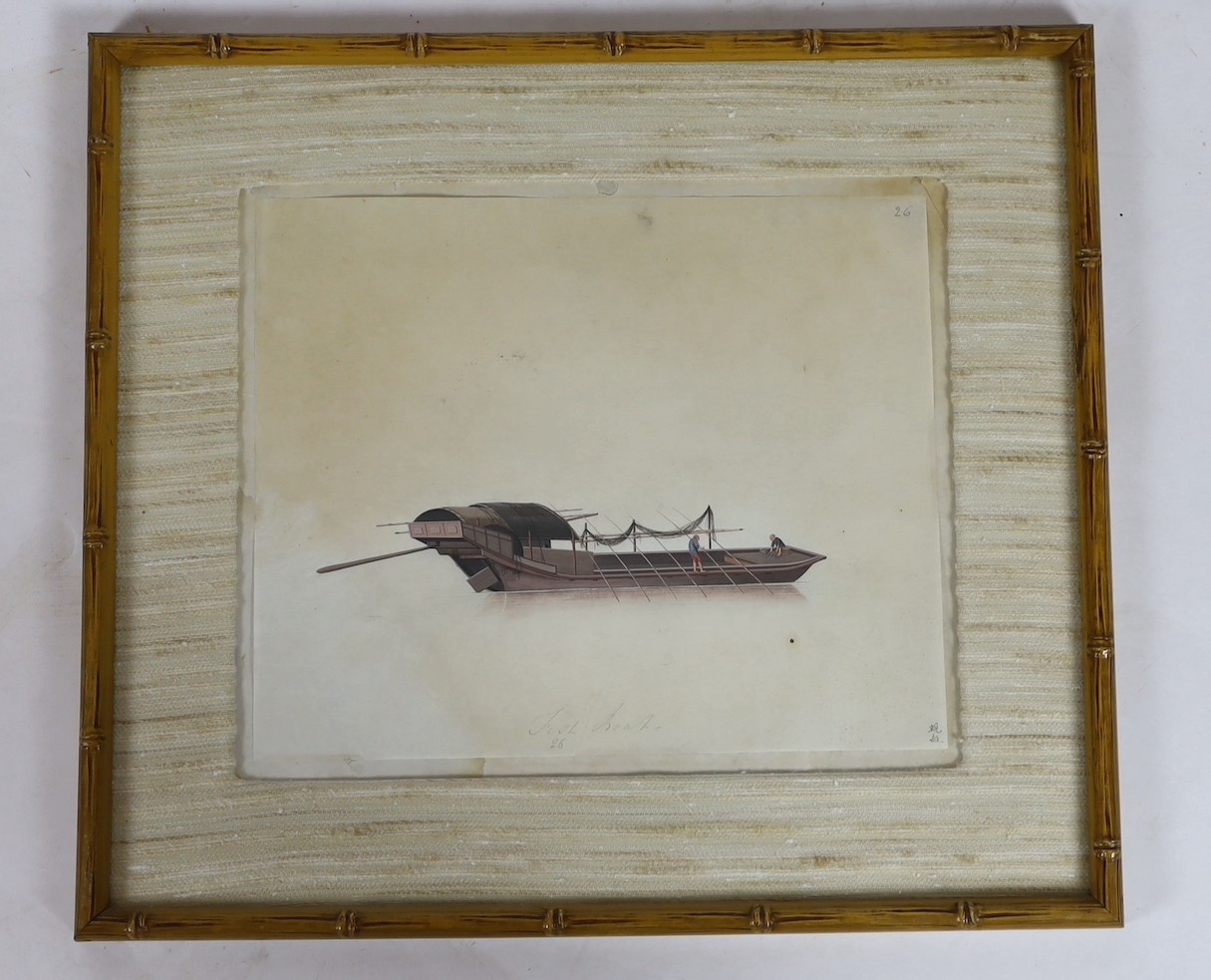 19th century Chinese School, nine gouaches on pith paper, Studies of water-going vessels, inscribed in Chinese and titled in English, giving the names and uses of the various vessels, 29 x 34cm
